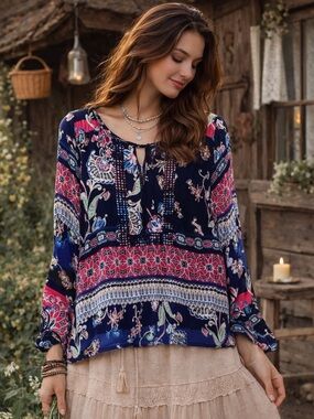 Zac & Rachel Boho Long Sleeve‎ Floral Pattern Size Large Top